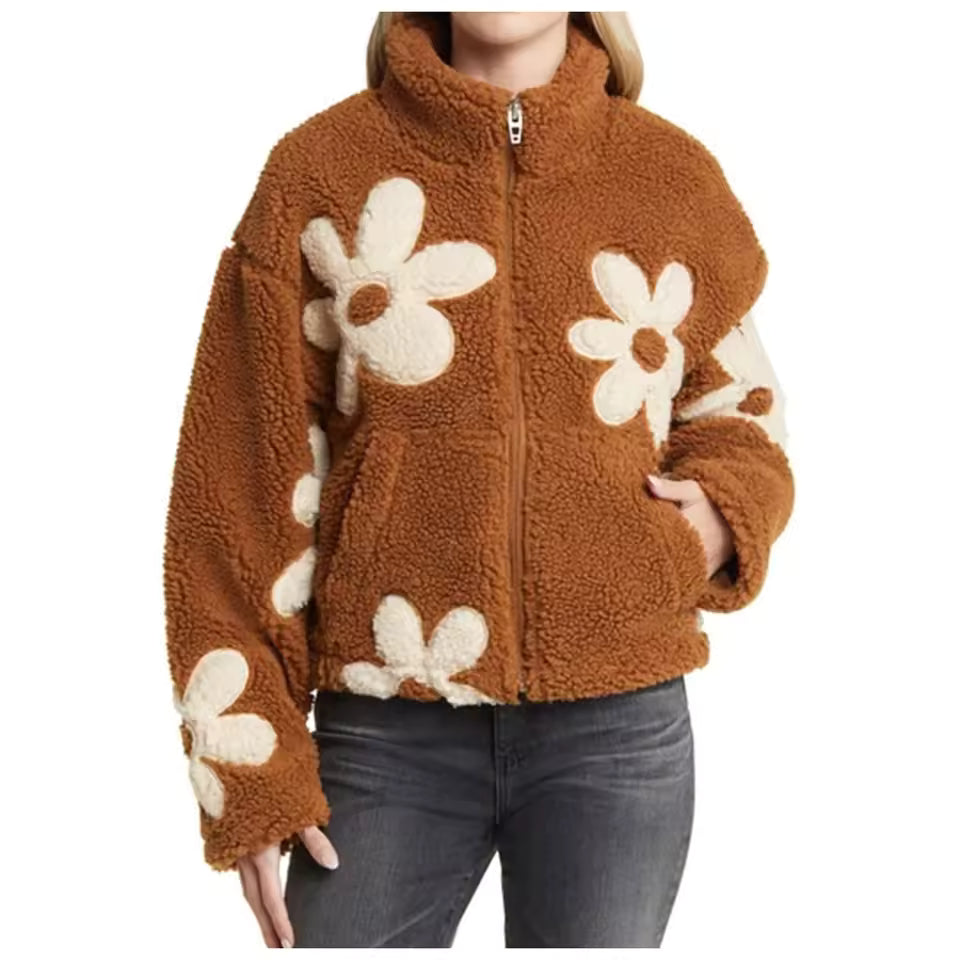 Women's Floral Fleece Plush Jackets with Zipper and Pockets, 3 Color Options