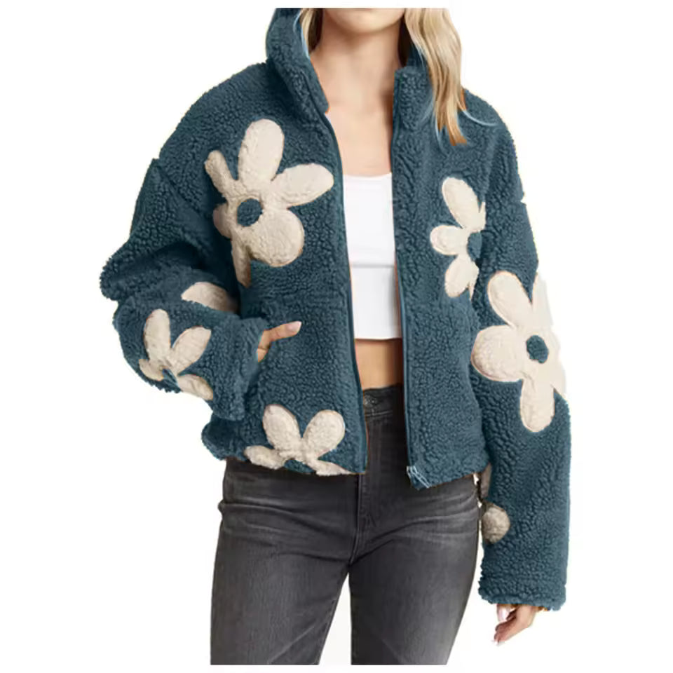 Women's Floral Fleece Plush Jackets with Zipper and Pockets, 3 Color Options