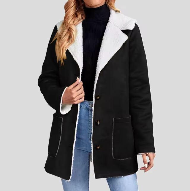 Women's Sherpa-Lined Coat with Buttons and Pockets, Black Color