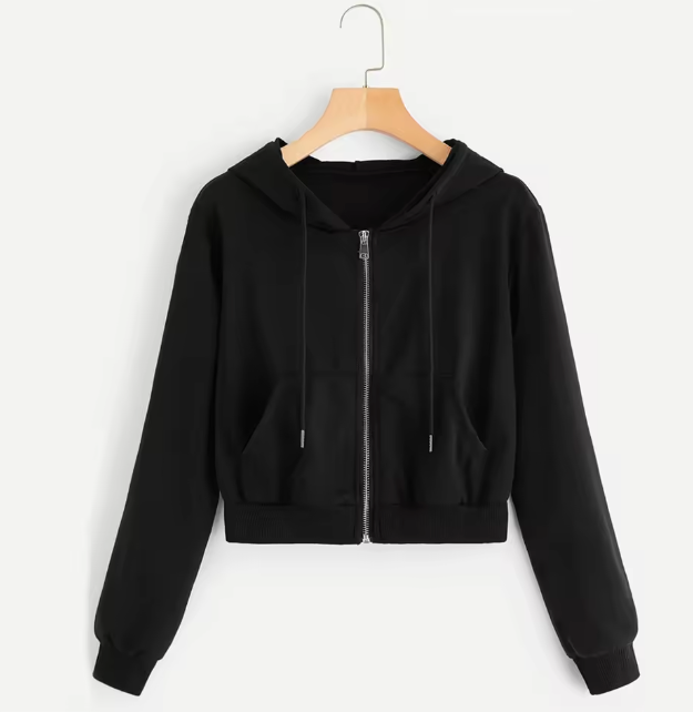 Women's Casual Jacket with Zipper and Pockets, Black Color