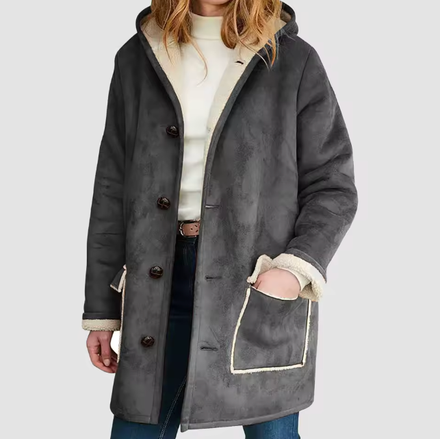 Women's Hooded Sherpa-Lined Coat with Buttons and Pockets, 2 Color Options