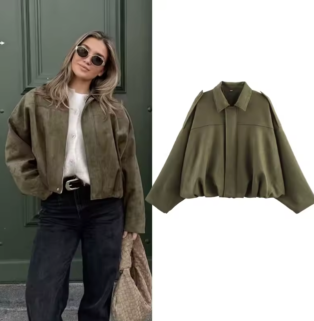 Women's Bomber Jacket with Collar and Zipper, 3 Color Options