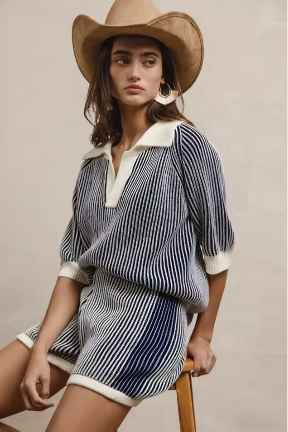 Women Two Piece Set, Top and Bottom, Casual Wear, Stylish Striped Pattern, 4 Color Options