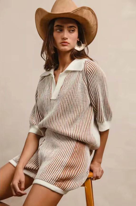 Women Two Piece Set, Top and Bottom, Casual Wear, Stylish Striped Pattern, 4 Color Options