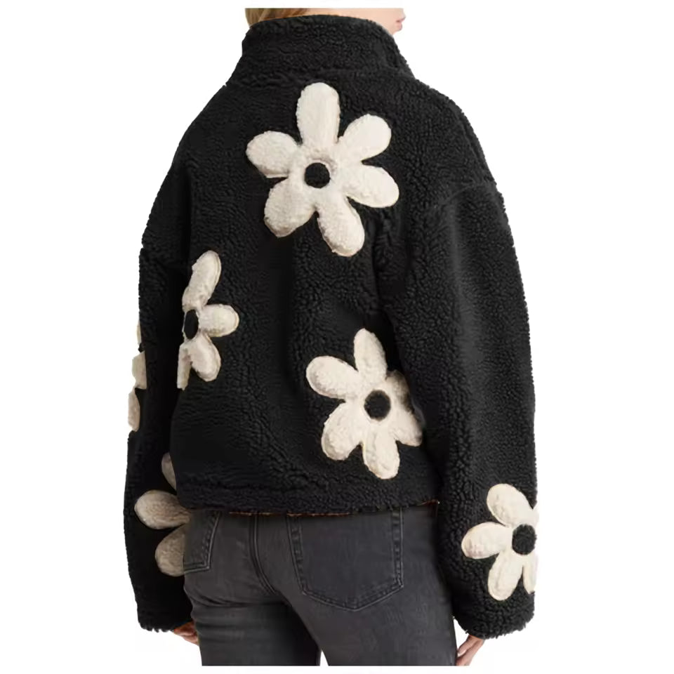 Women's Floral Fleece Plush Jackets with Zipper and Pockets, 3 Color Options