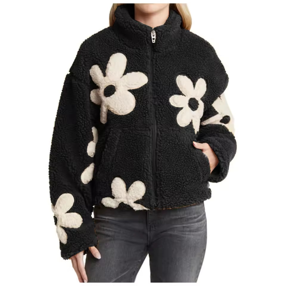 Women's Floral Fleece Plush Jackets with Zipper and Pockets, 3 Color Options